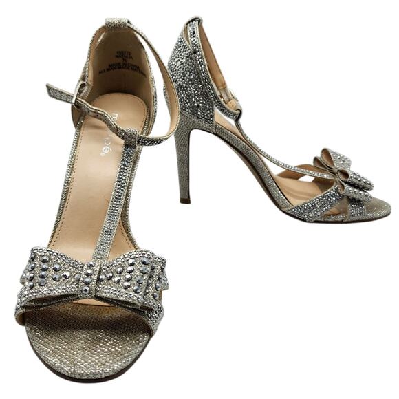 Silver Stone Studded Princess Bow Embellished Strappy Stiletto Pumps Heels 7.5 - Picture 2 of 11